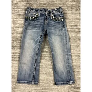 Miss Me Jeans‎ Girls14 Blue Mid Pocket Embroidered Bling Studed Cuffed Capri